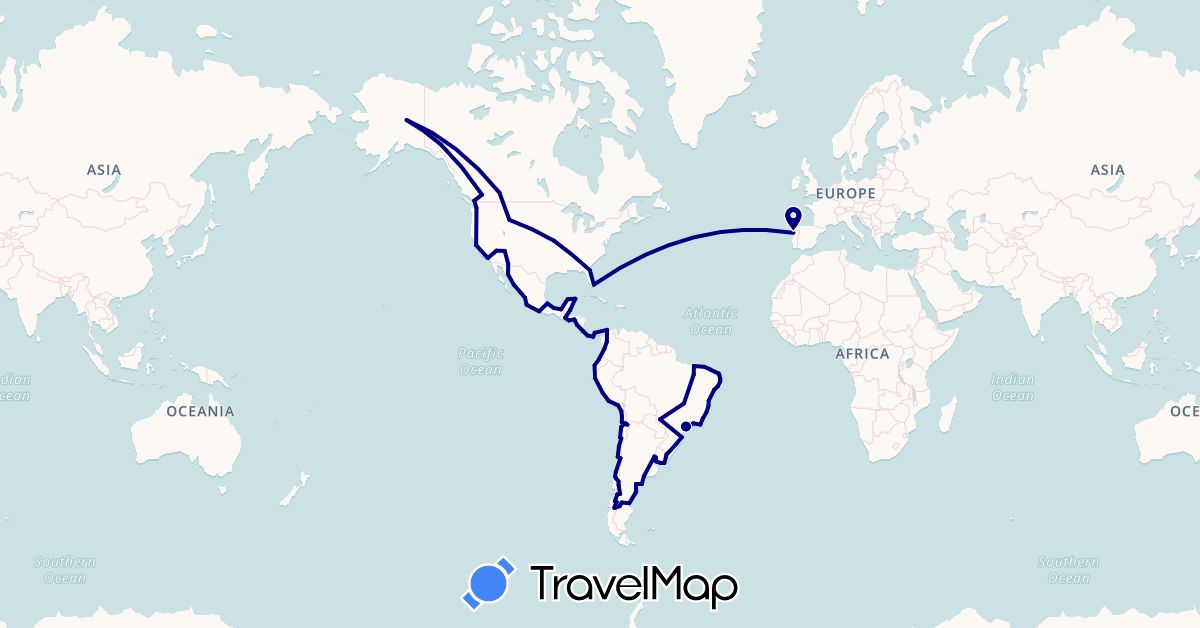 TravelMap itinerary: driving in Argentina, Brazil, Belize, Canada, Chile, Colombia, Costa Rica, Ecuador, Guatemala, Honduras, Mexico, Nicaragua, Panama, Peru, Portugal, El Salvador, United States, Uruguay (Europe, North America, South America)
